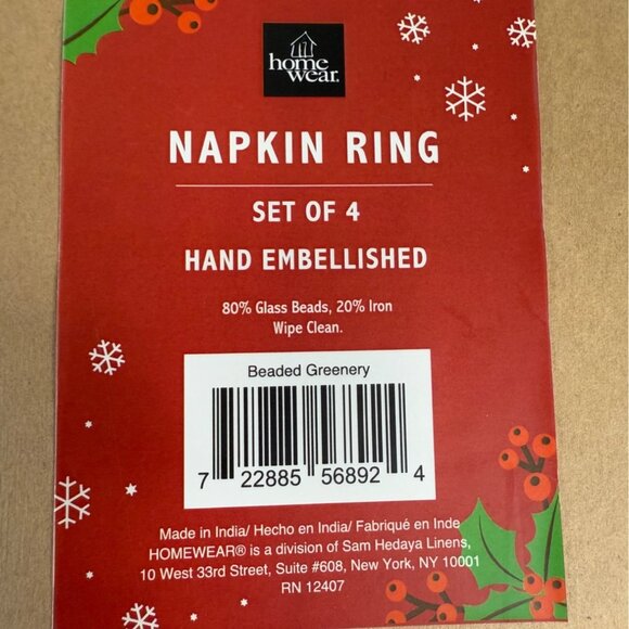 Homewear Greenery Glass Beaded Napkin Rings Embellished Set of 4 Winter Table - Picture 9 of 14